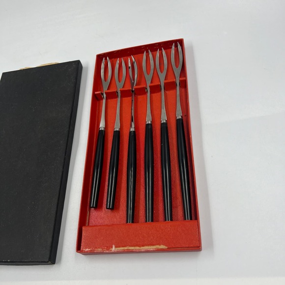 Vintage Set Fondue Forks MidCentury Modern Set 6 Pieces In Original Box - Picture 7 of 9